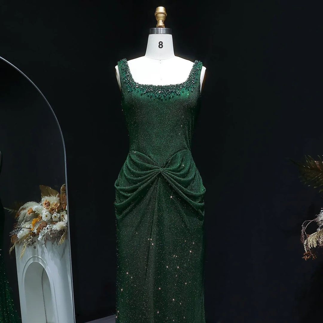 Elegant Green Beaded Sequin Evening Dress with Square Neck SS655