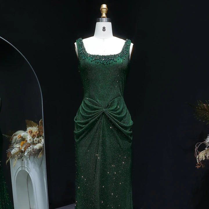 Elegant Green Beaded Sequin Evening Dress with Square Neck SS655