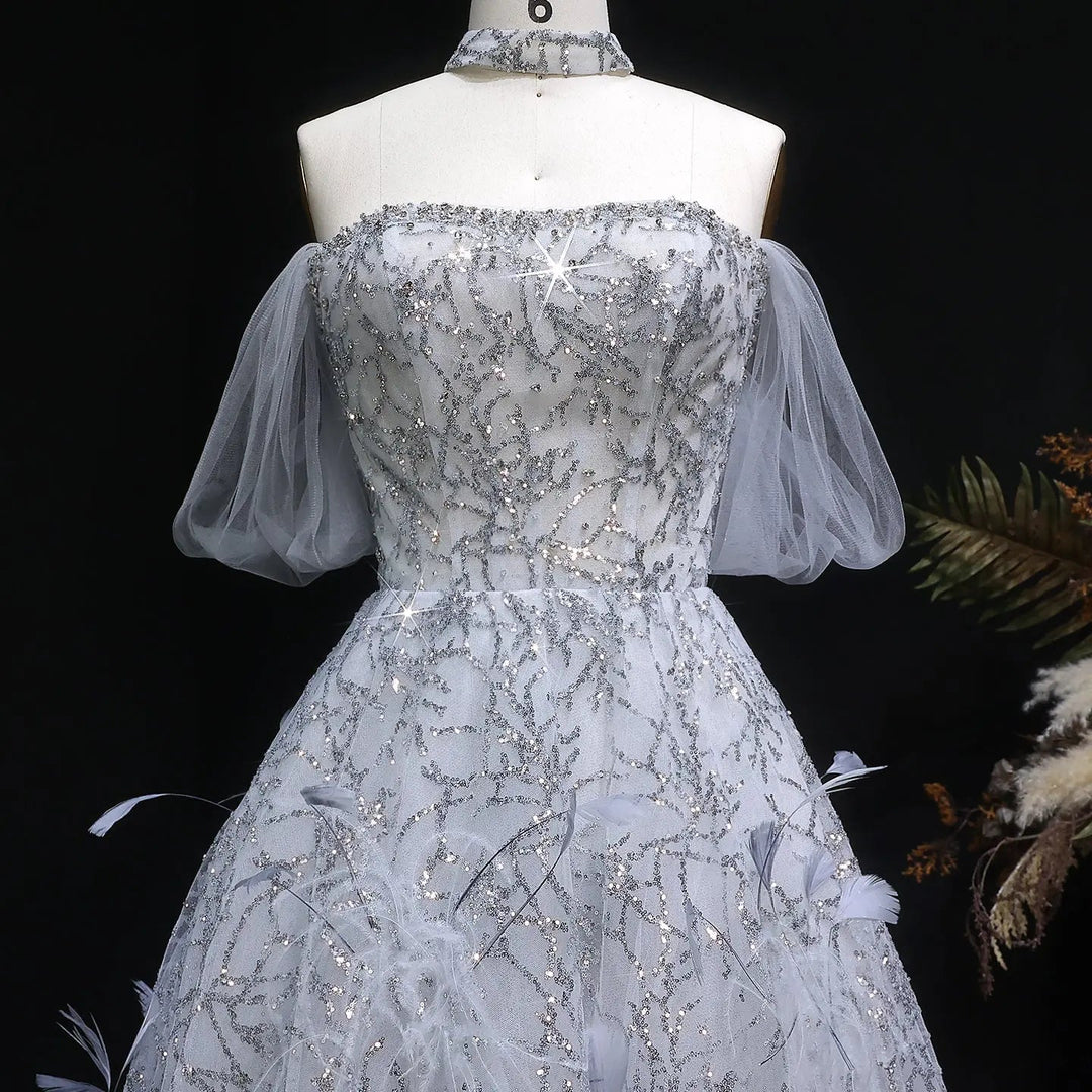 Luxury Silver Sequin Feather Off Shoulder Prom Dress with Choker SS738