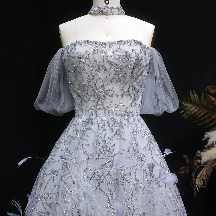 Luxury Silver Sequin Feather Off Shoulder Prom Dress with Choker SS738