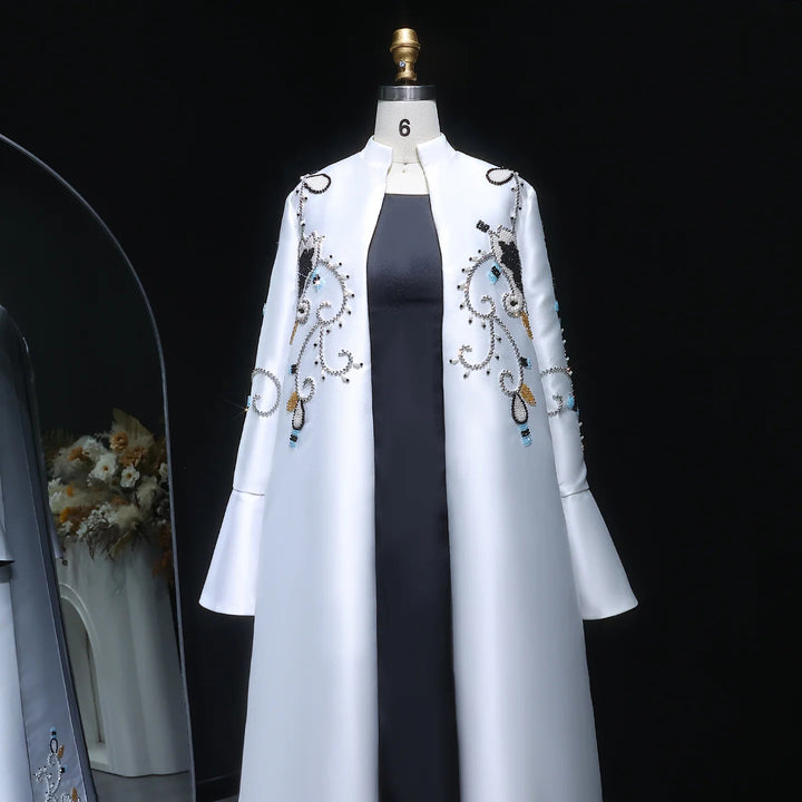 Luxury Black White Evening Dress with Mandarin Collar and Pearl Embroidery XD028