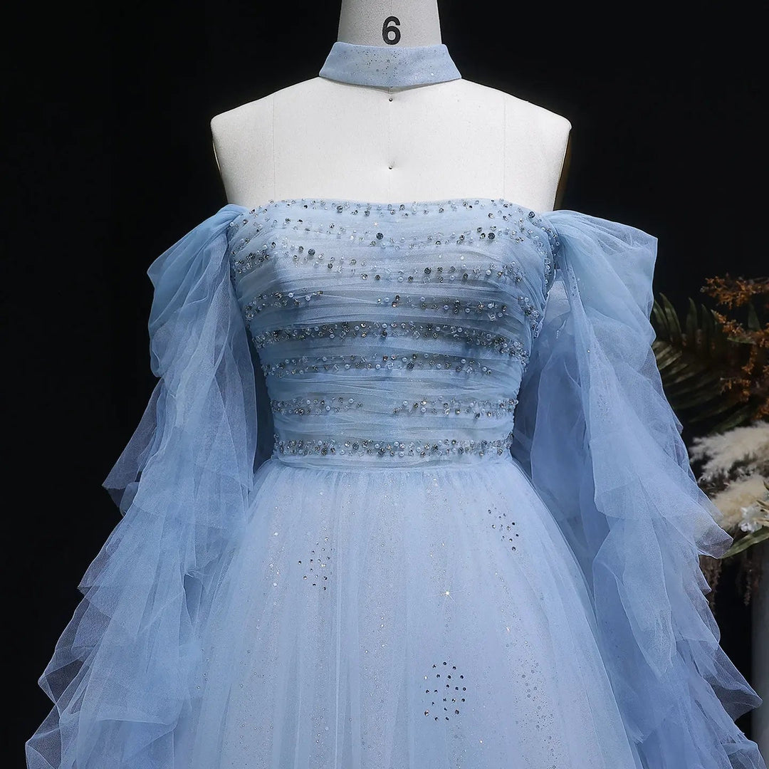 Fairy Blue Beaded Prom Dress with Layered Tulle Sleeves SS737