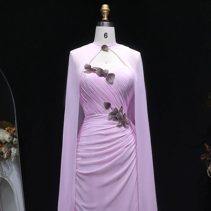 Luxury Pink Strapless Ruched Evening Dress with 3D Floral Appliqués and Cape SF223