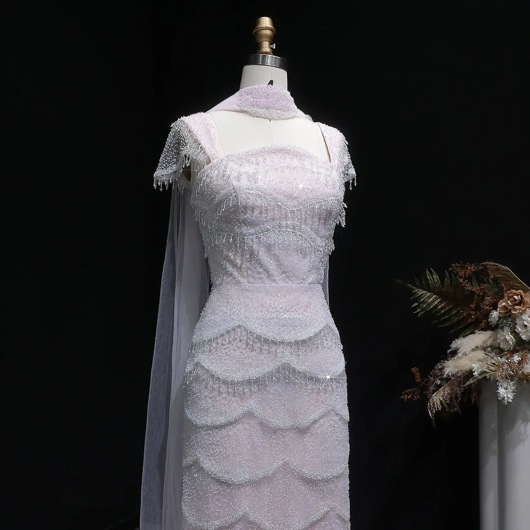 Luxury Gradient White Beaded Layered Evening Gown with Scarf SS523