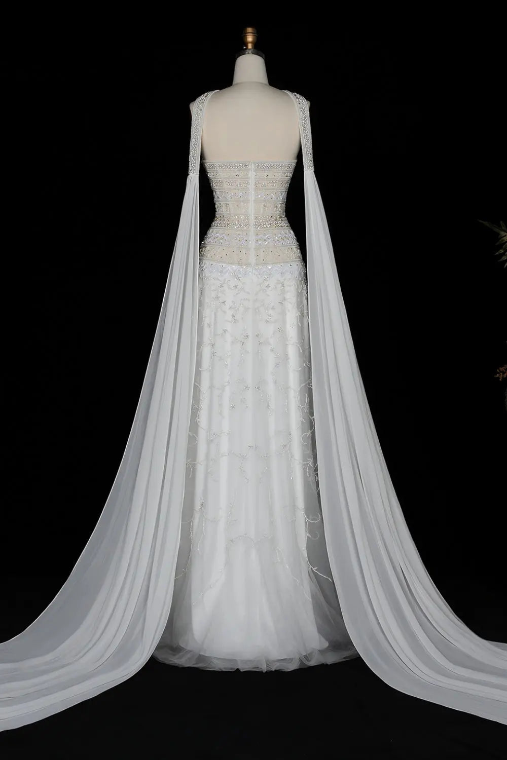 Luxury White Beaded Strapless Evening Dress with Flowing Cape SS508