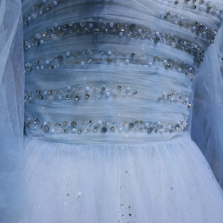 Fairy Blue Beaded Prom Dress with Layered Tulle Sleeves SS737