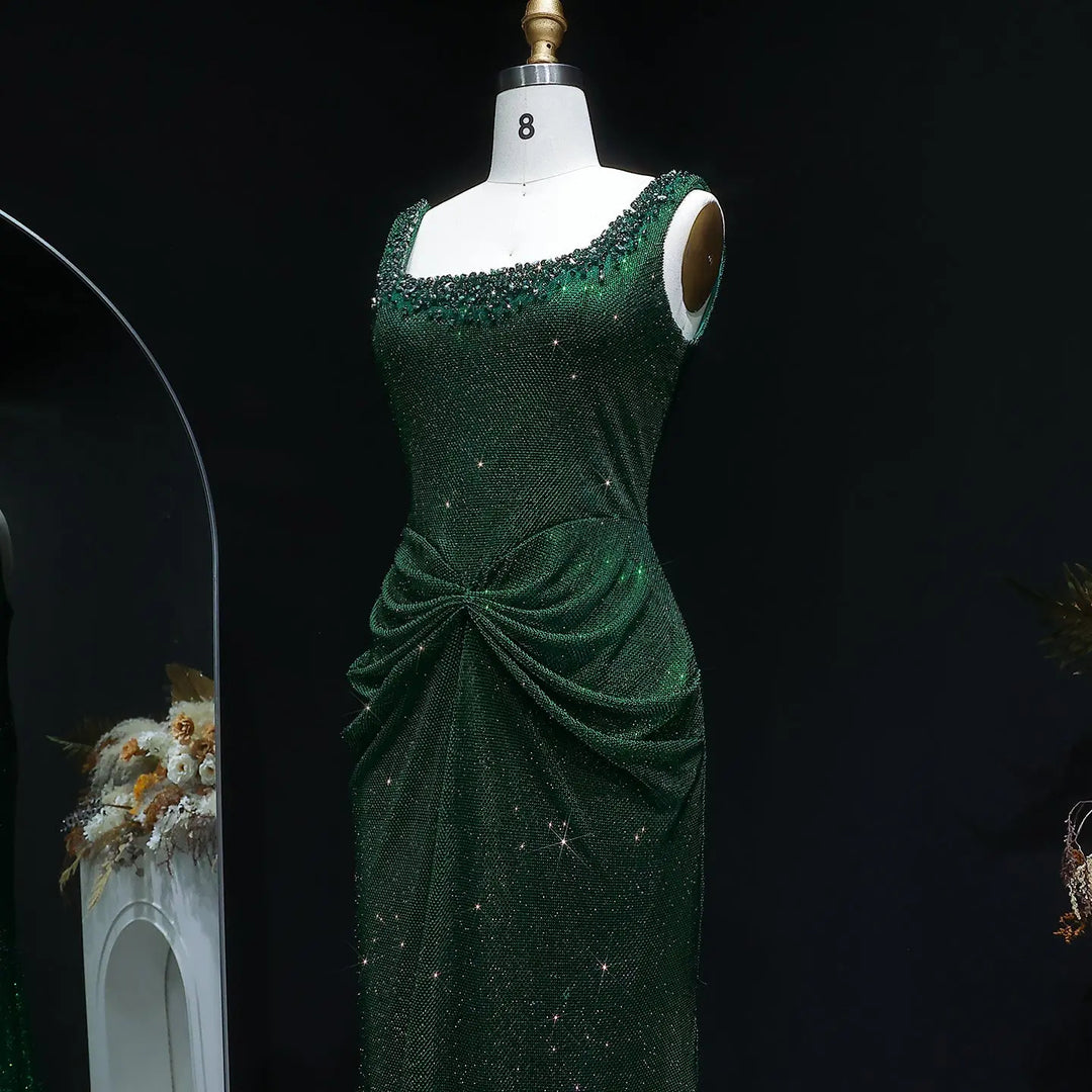 Elegant Green Beaded Sequin Evening Dress with Square Neck SS655