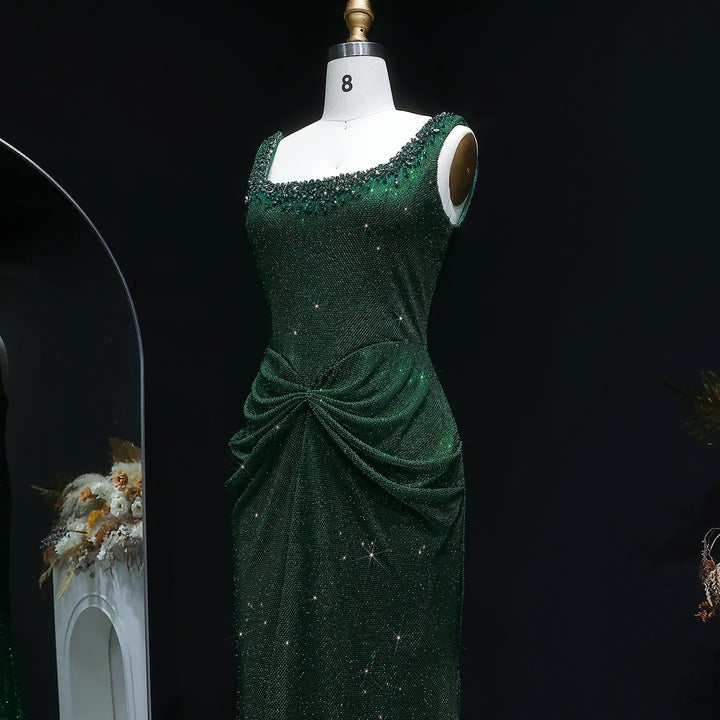 Elegant Green Beaded Sequin Evening Dress with Square Neck SS655