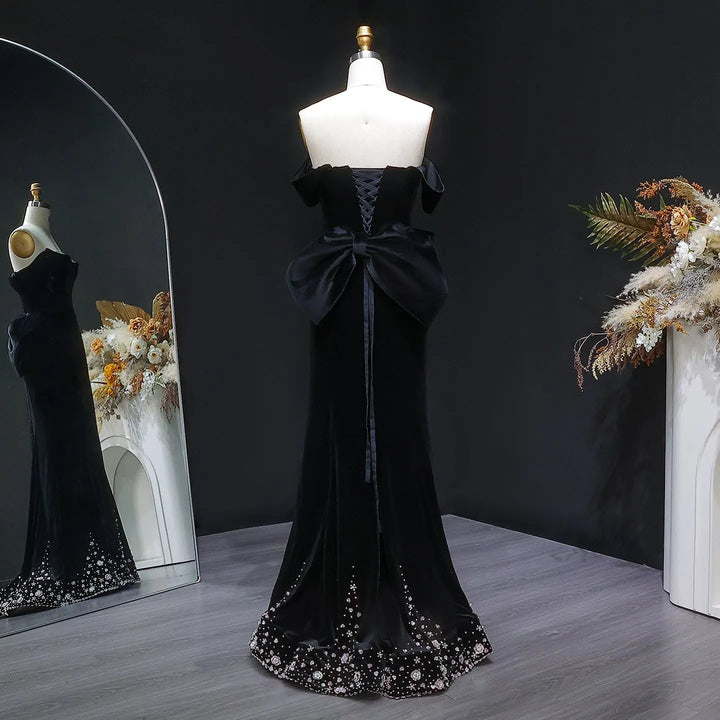 Luxury Black Velvet with Crystal Embellished Hem Evening Gown SS739