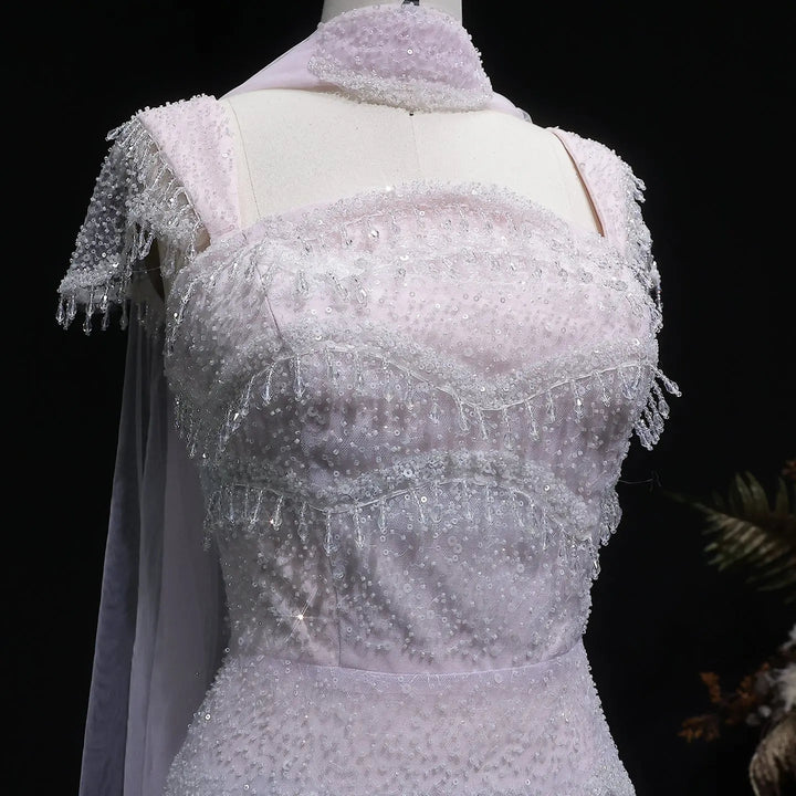 Luxury Gradient White Beaded Layered Evening Gown with Scarf SS523