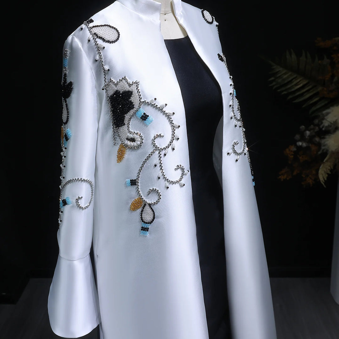 Luxury Black White Evening Dress with Mandarin Collar and Pearl Embroidery XD028