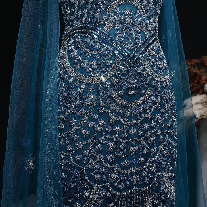 Luxury Teal High Neck Beaded Evening Gown with Sheer Long Sleeves Cape SS028