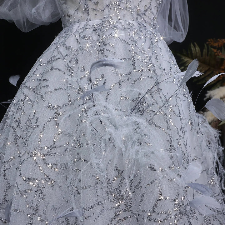 Luxury Silver Sequin Feather Off Shoulder Prom Dress with Choker SS738