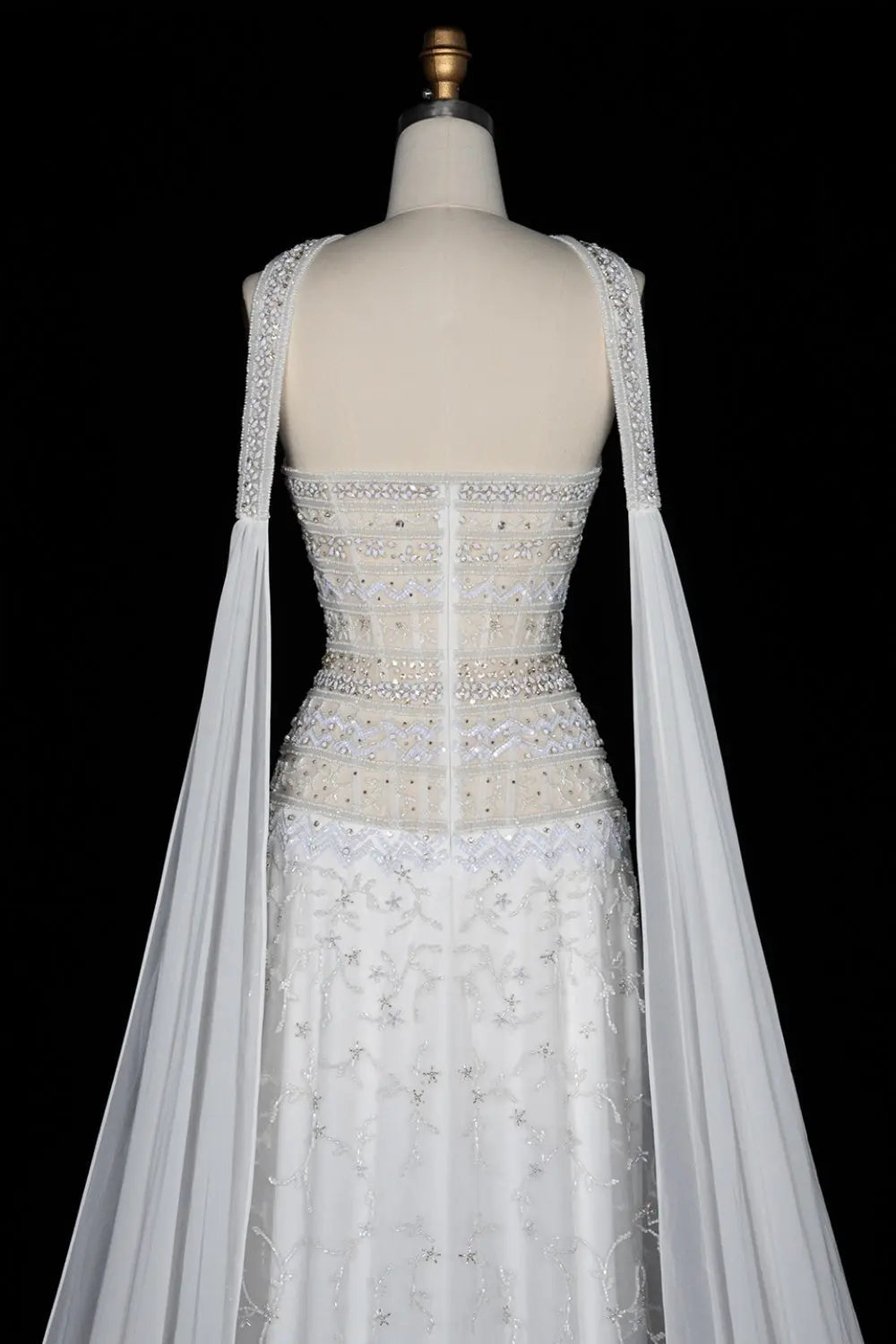 Luxury White Beaded Strapless Evening Dress with Flowing Cape SS508