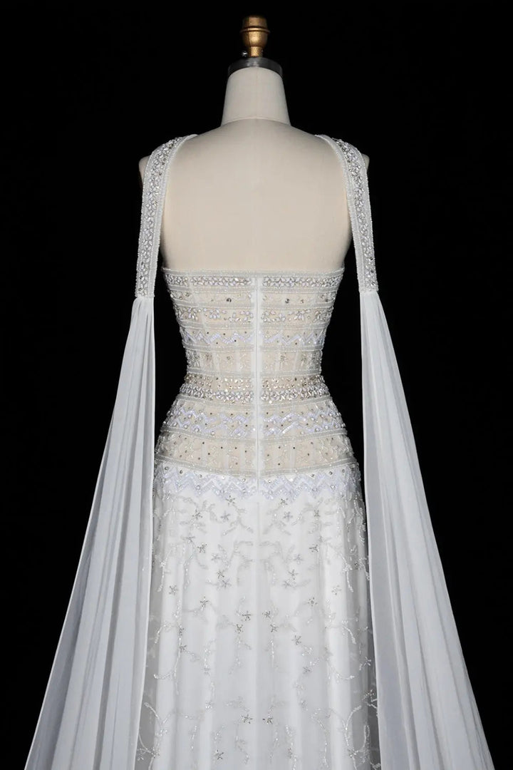 Luxury White Beaded Strapless Evening Dress with Flowing Cape SS508