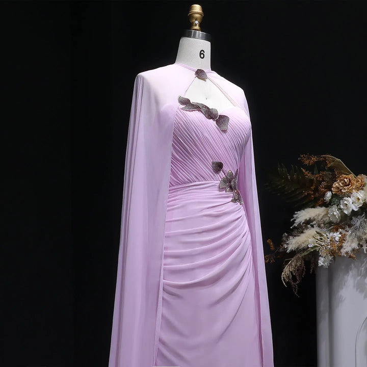 Luxury Pink Strapless Ruched Evening Dress with 3D Floral Appliqués and Cape SF223
