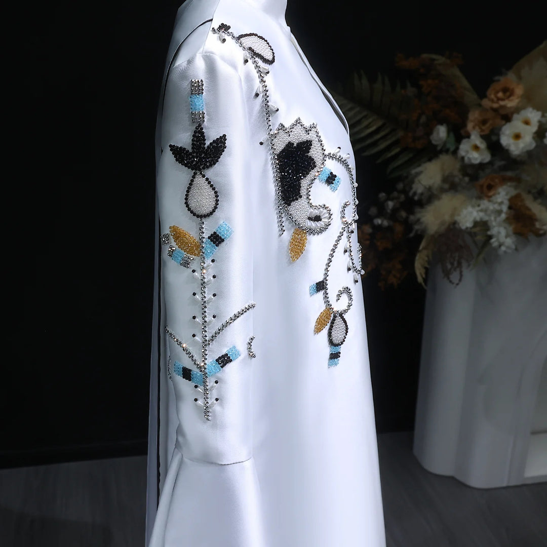 Luxury Black White Evening Dress with Mandarin Collar and Pearl Embroidery XD028