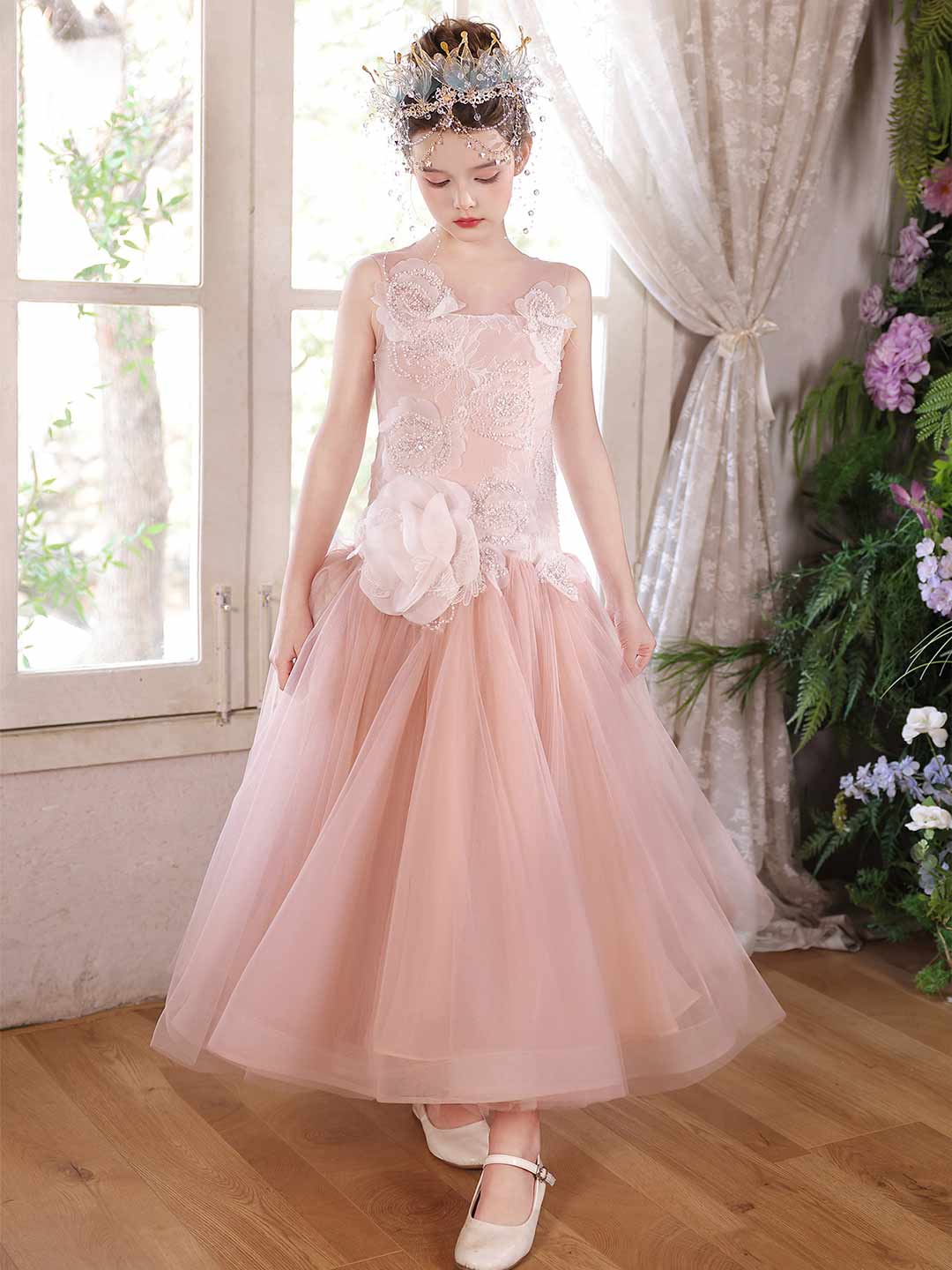 Pink Floral Lace Princess Ball Gown Flower Girl Dress J119