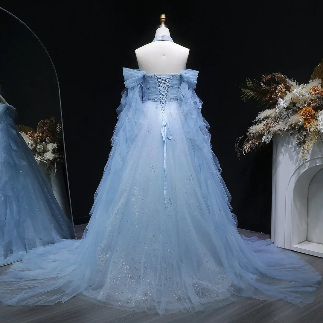 Fairy Blue Beaded Prom Dress with Layered Tulle Sleeves SS737