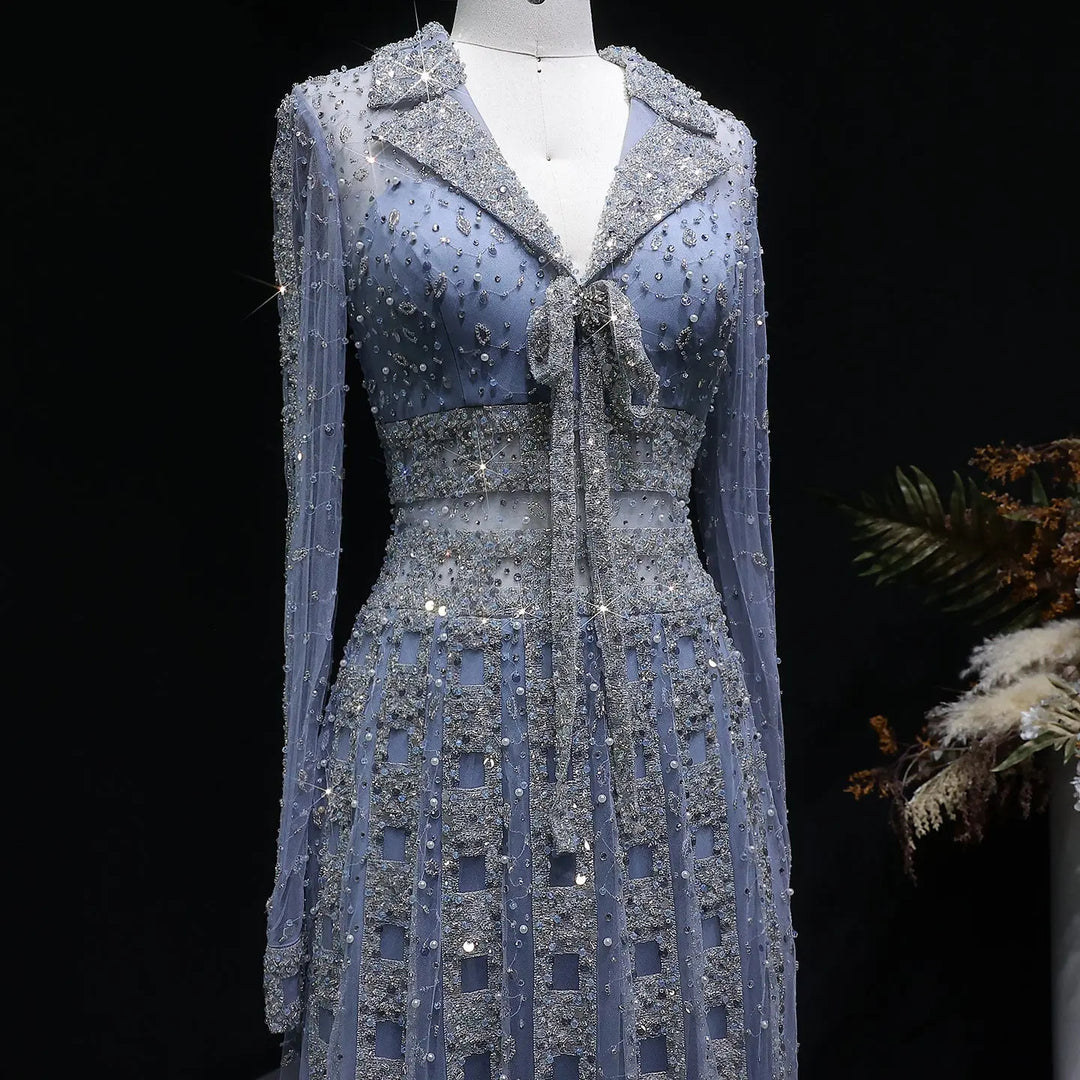 Luxury Champagne Gold Sequin Long Sleeve Evening Gown with Sheer Tulle Overlay SS149