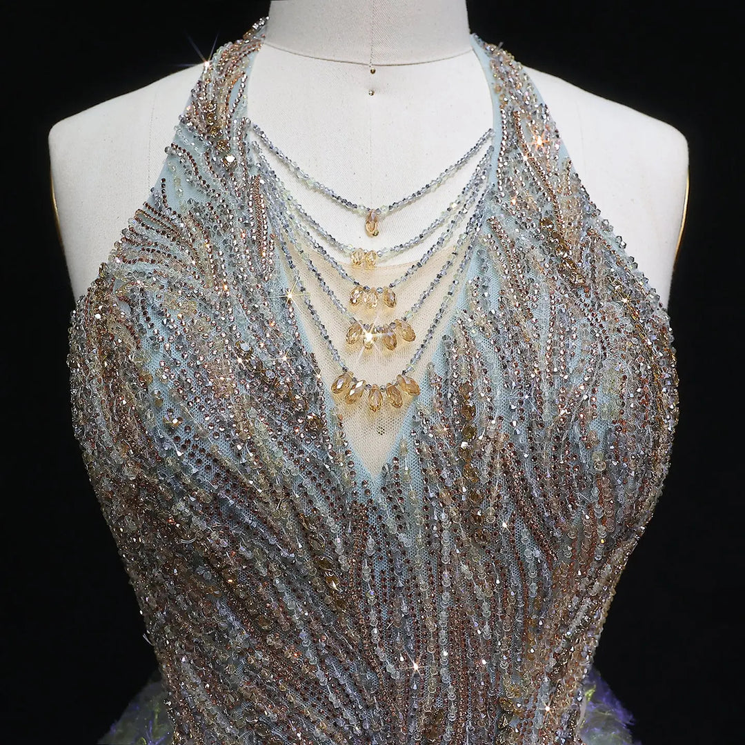 Elegant Gray Green Gradient Halter Prom Dress with Voluminous SS735