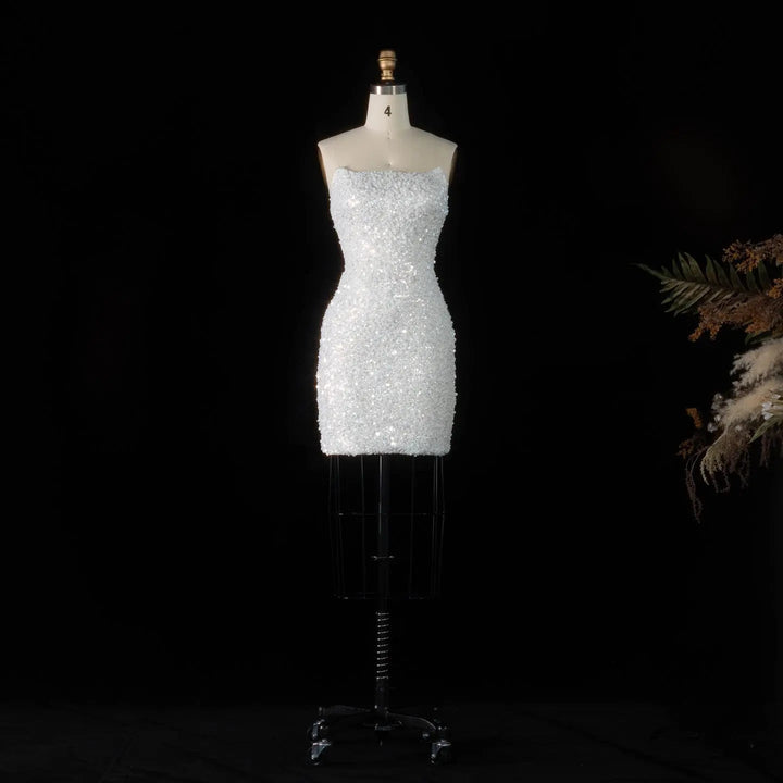 Elegant White Sequin and Pearl Strapless Mini Wedding Dress SW520