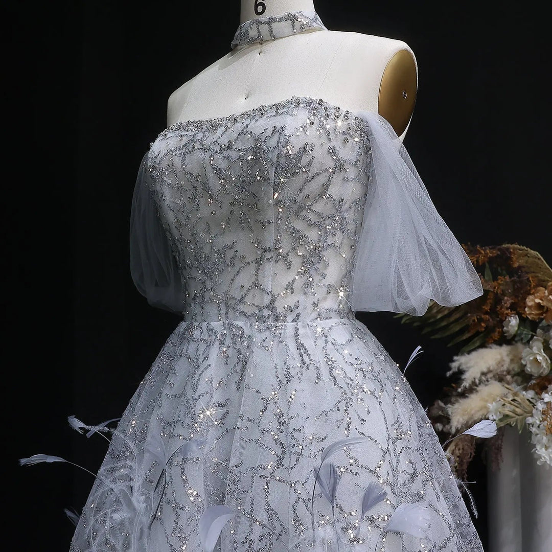 Luxury Silver Sequin Feather Off Shoulder Prom Dress with Choker SS738