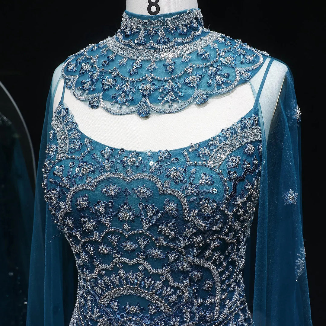 Luxury Teal High Neck Beaded Evening Gown with Sheer Long Sleeves Cape SS028