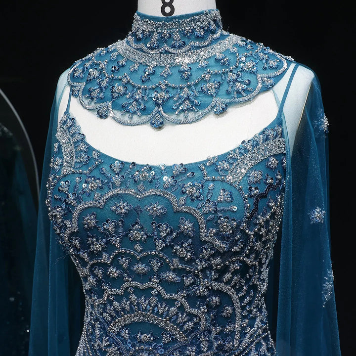 Luxury Teal High Neck Beaded Evening Gown with Sheer Long Sleeves Cape SS028