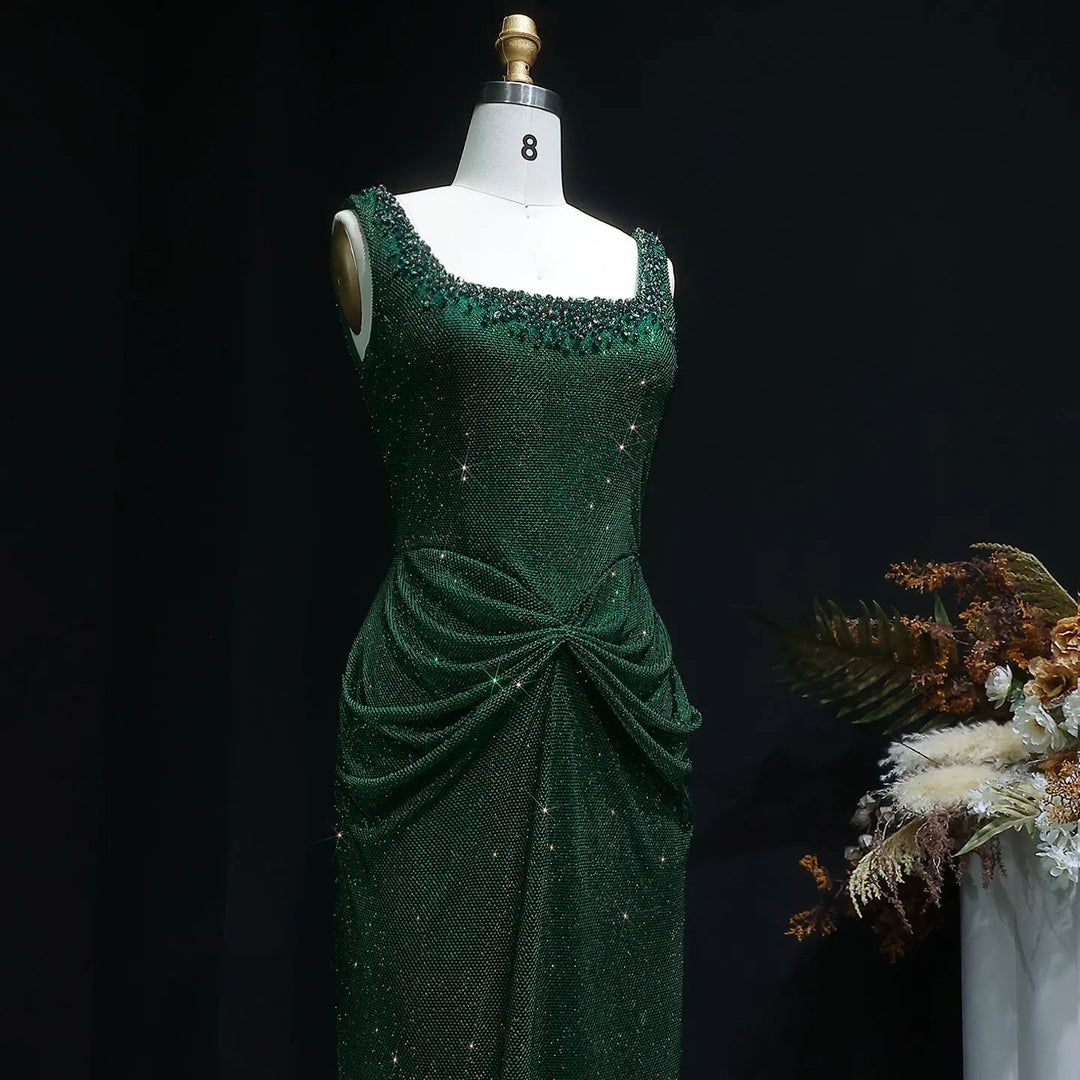 Elegant Green Beaded Sequin Evening Dress with Square Neck SS655