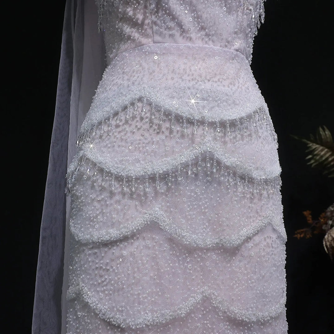 Luxury Gradient White Beaded Layered Evening Gown with Scarf SS523
