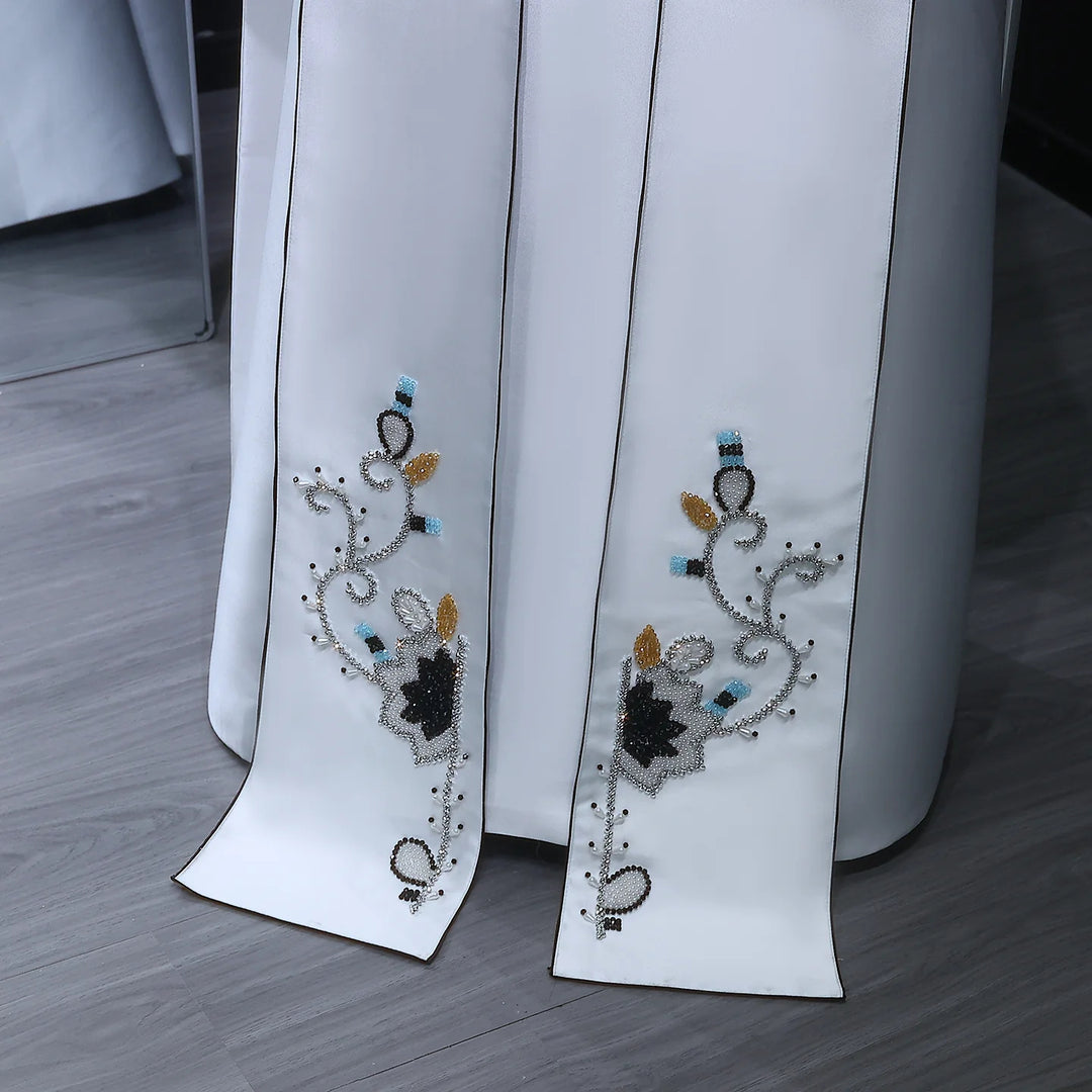 Luxury Black White Evening Dress with Mandarin Collar and Pearl Embroidery XD028