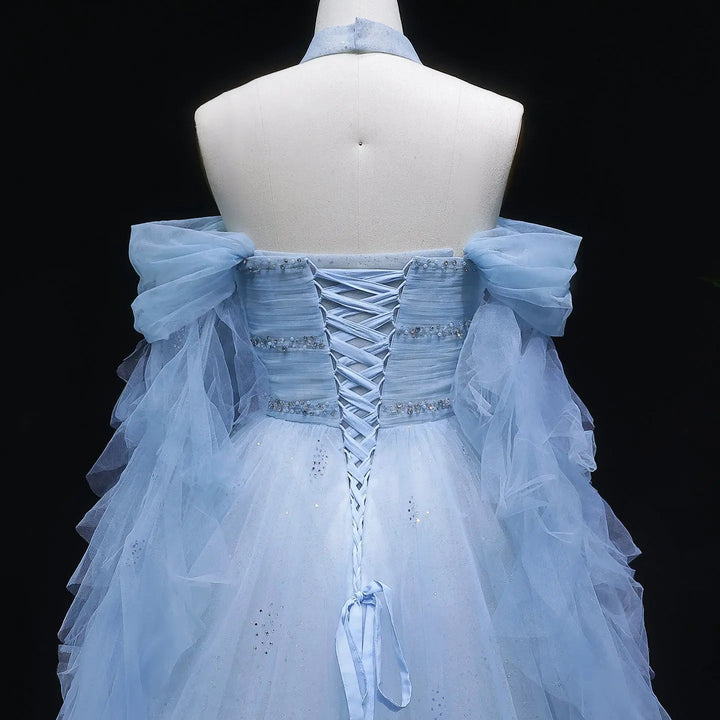 Fairy Blue Beaded Prom Dress with Layered Tulle Sleeves SS737
