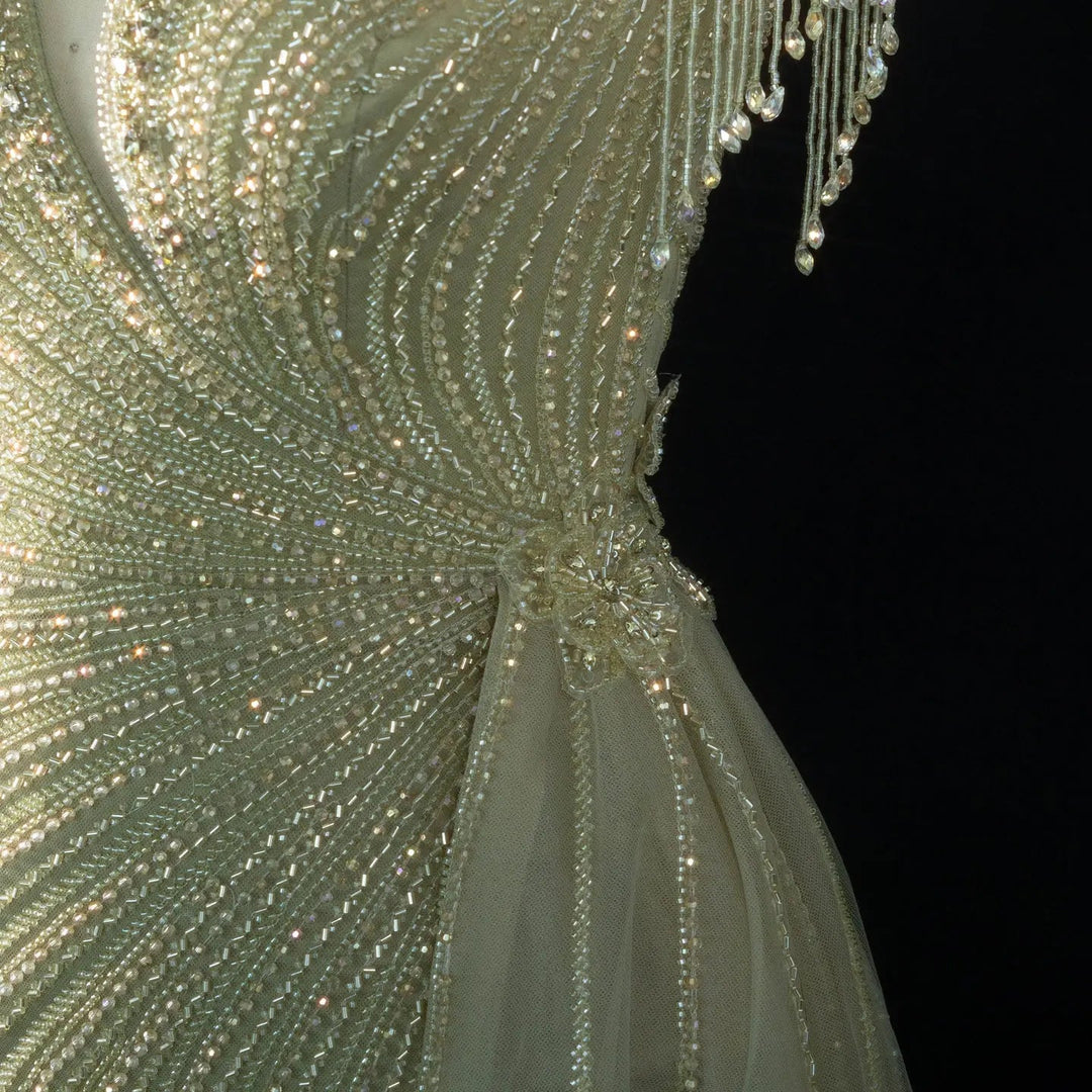 ‌ Luxury Intricately Beaded Fringe-Shoulder Fitted Evening Gown SS103