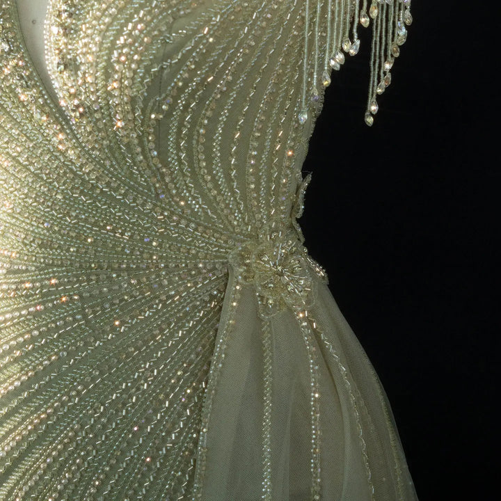 ‌ Luxury Intricately Beaded Fringe-Shoulder Fitted Evening Gown SS103