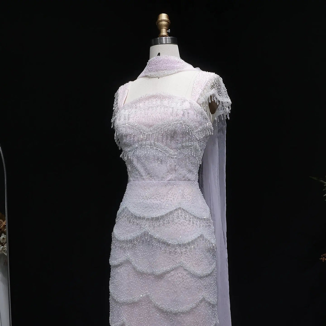 Luxury Gradient White Beaded Layered Evening Gown with Scarf SS523