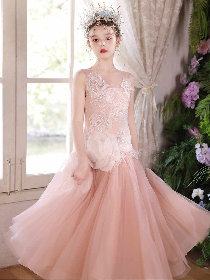 Pink Floral Lace Princess Ball Gown Flower Girl Dress J119