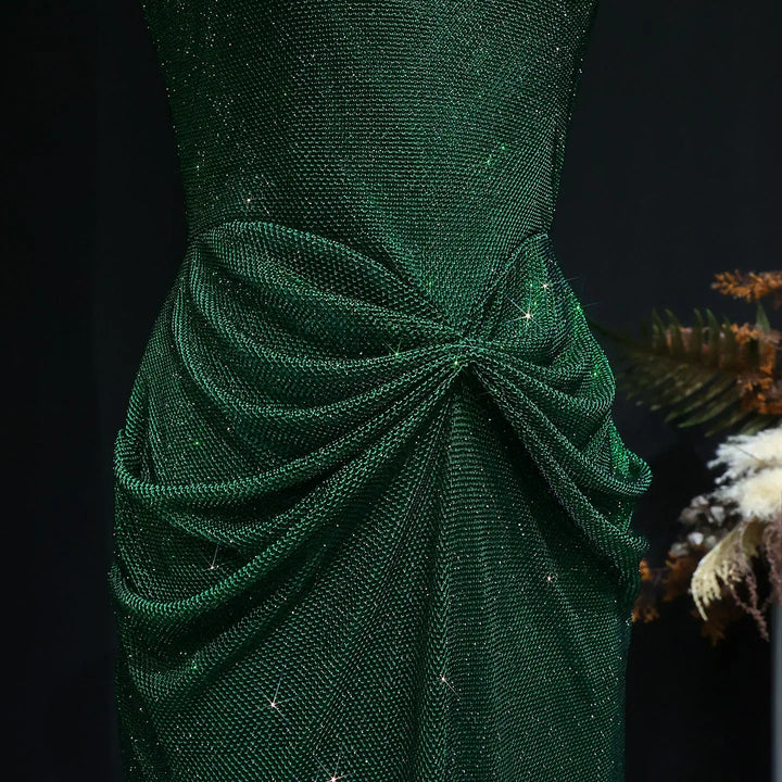 Elegant Green Beaded Sequin Evening Dress with Square Neck SS655