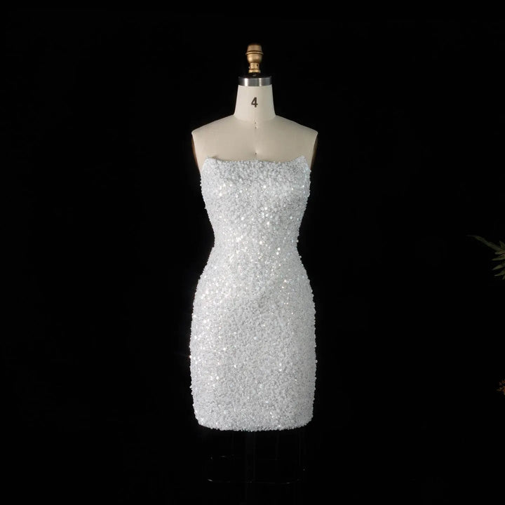 Elegant White Sequin and Pearl Strapless Mini Wedding Dress SW520