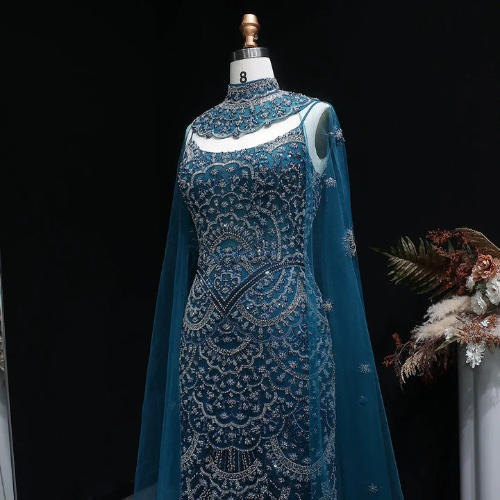 Luxury Teal High Neck Beaded Evening Gown with Sheer Long Sleeves Cape SS028