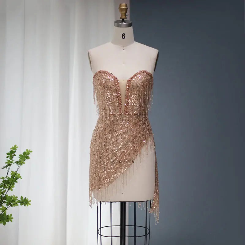 Elegant Strapless Crystal Tassel Mini Cocktail Dress RM012