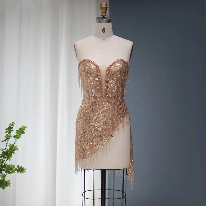 Elegant Strapless Crystal Tassel Mini Cocktail Dress RM012