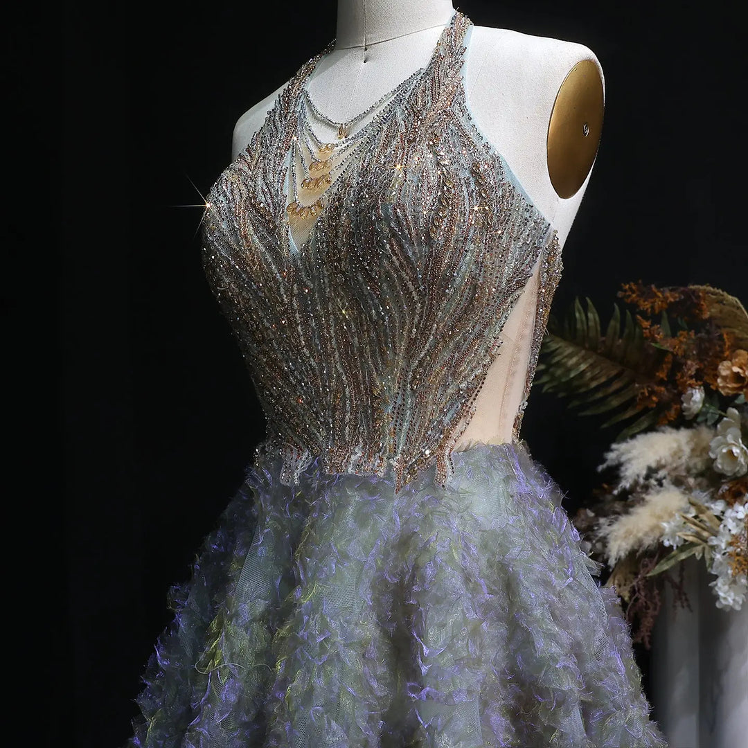 Elegant Gray Green Gradient Halter Prom Dress with Voluminous SS735