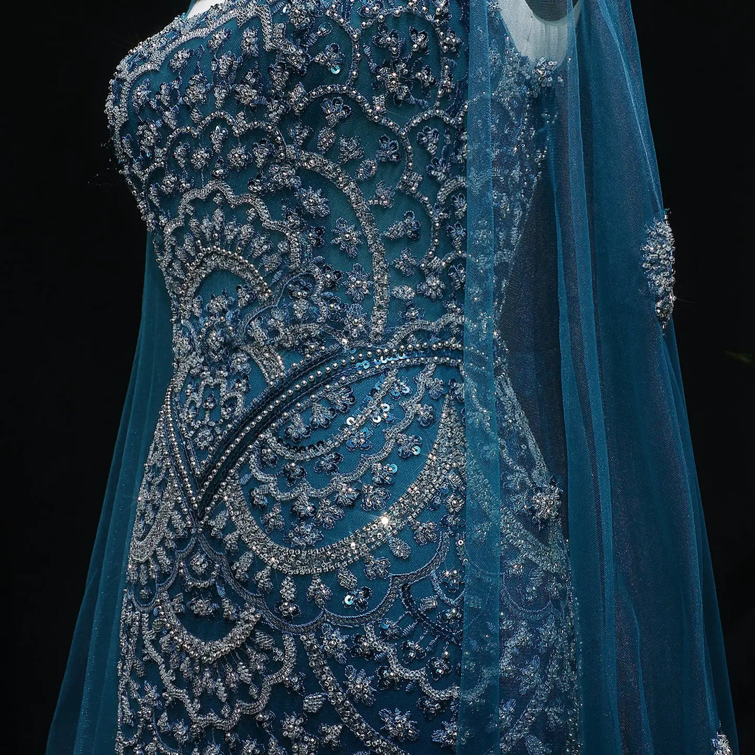 Luxury Teal High Neck Beaded Evening Gown with Sheer Long Sleeves Cape SS028