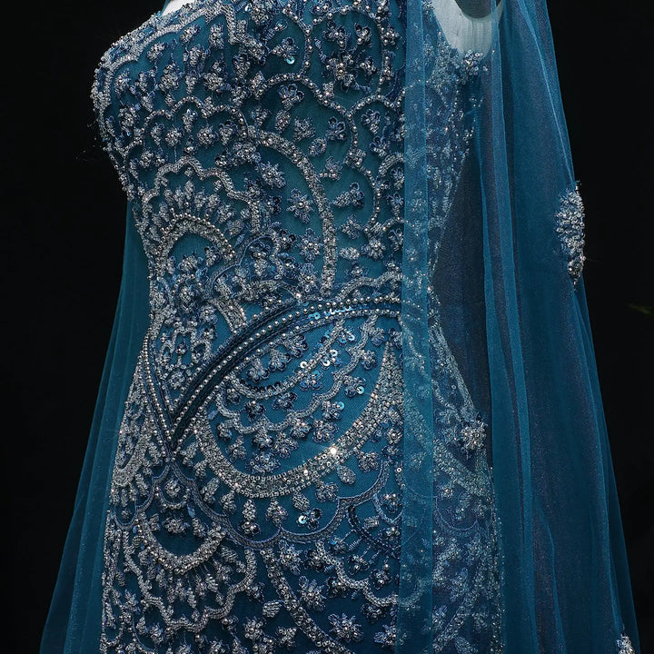 Luxury Teal High Neck Beaded Evening Gown with Sheer Long Sleeves Cape SS028
