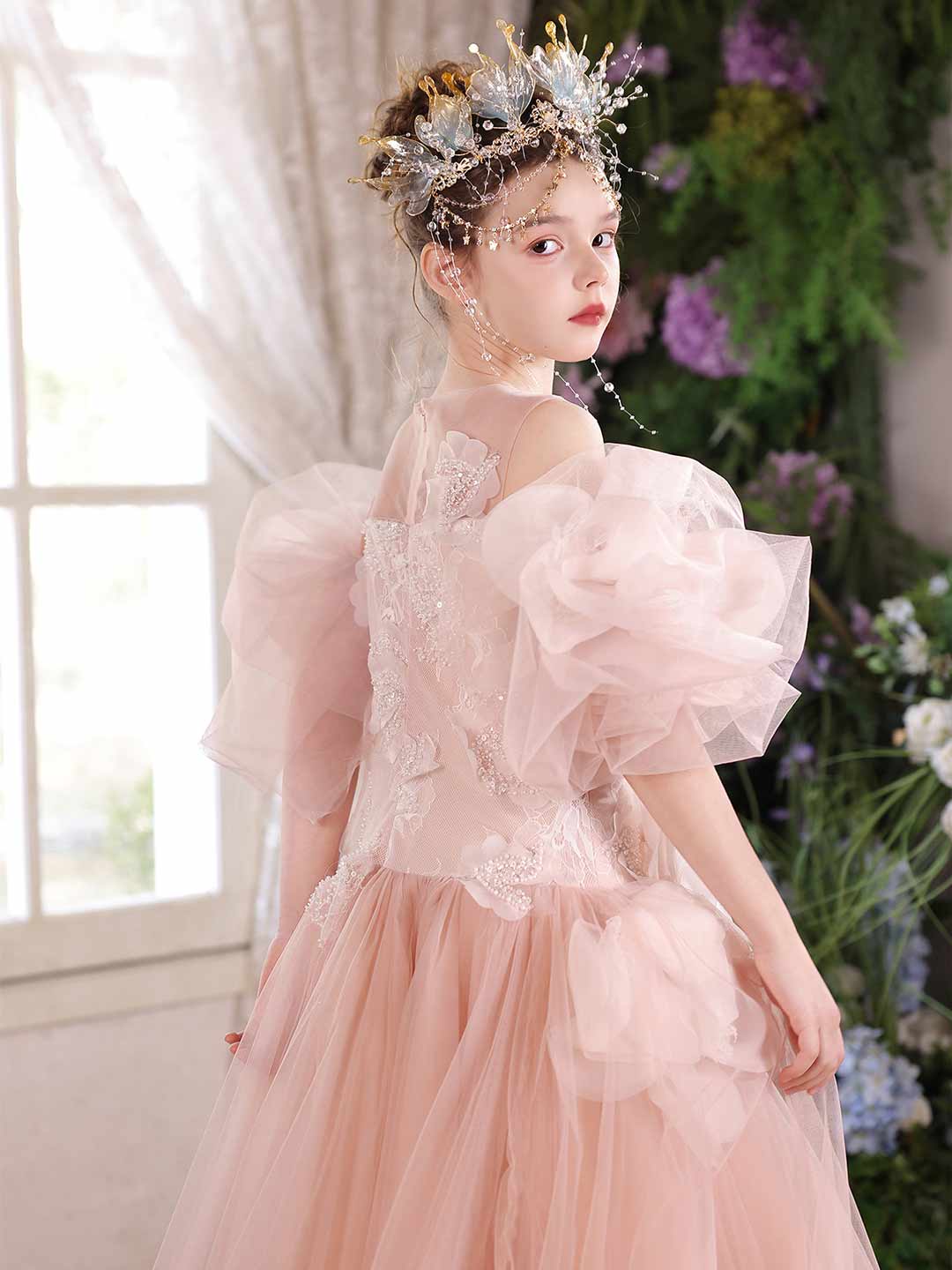 Pink Floral Lace Princess Ball Gown Flower Girl Dress J119