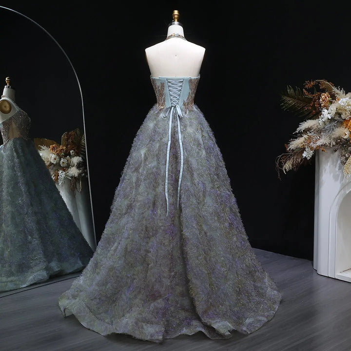 Elegant Gray Green Gradient Halter Prom Dress with Voluminous SS735