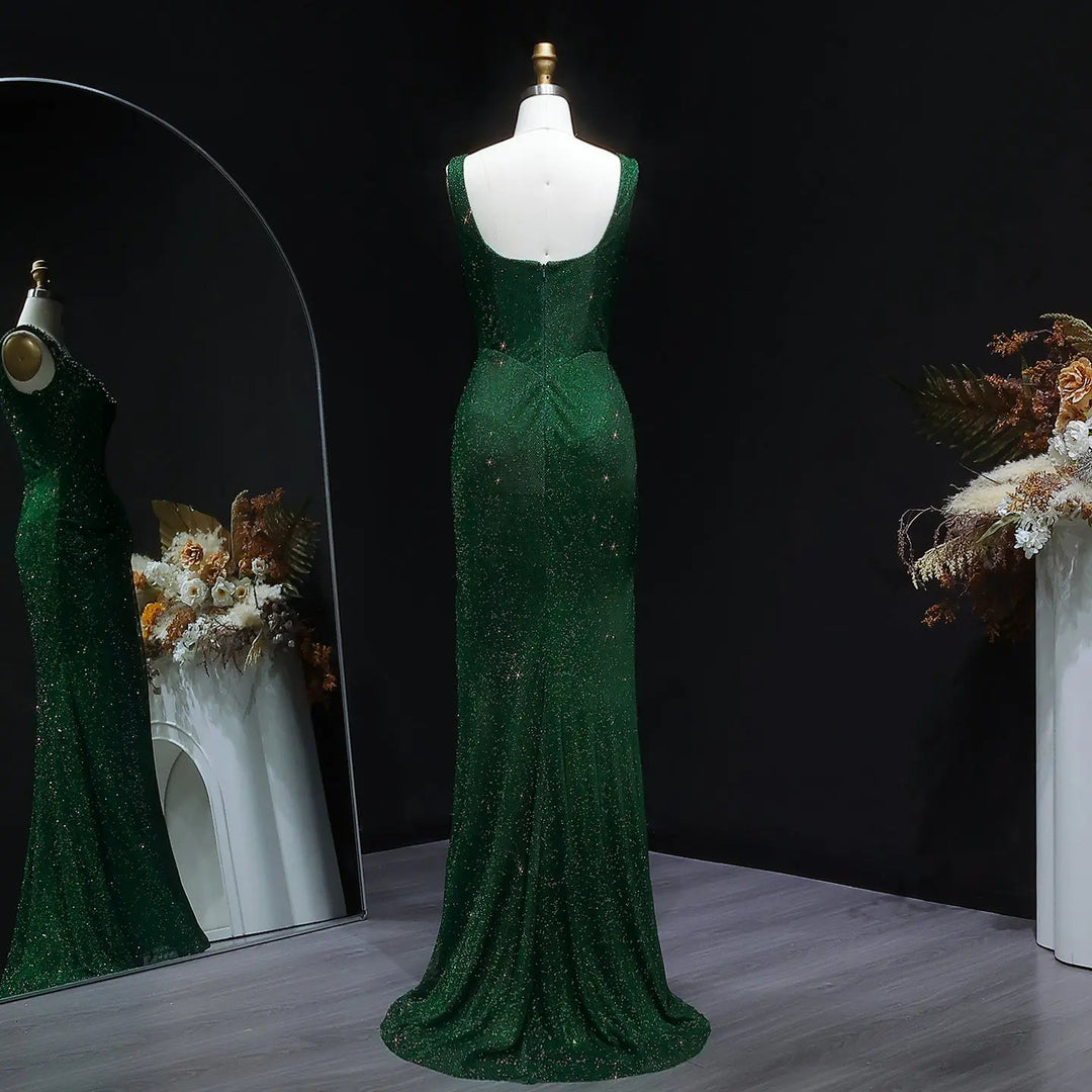 Elegant Green Beaded Sequin Evening Dress with Square Neck SS655