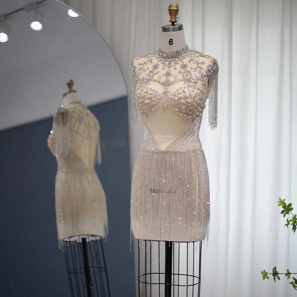 Elegant Strapless Crystal Tassel Mini Cocktail Dress RM012