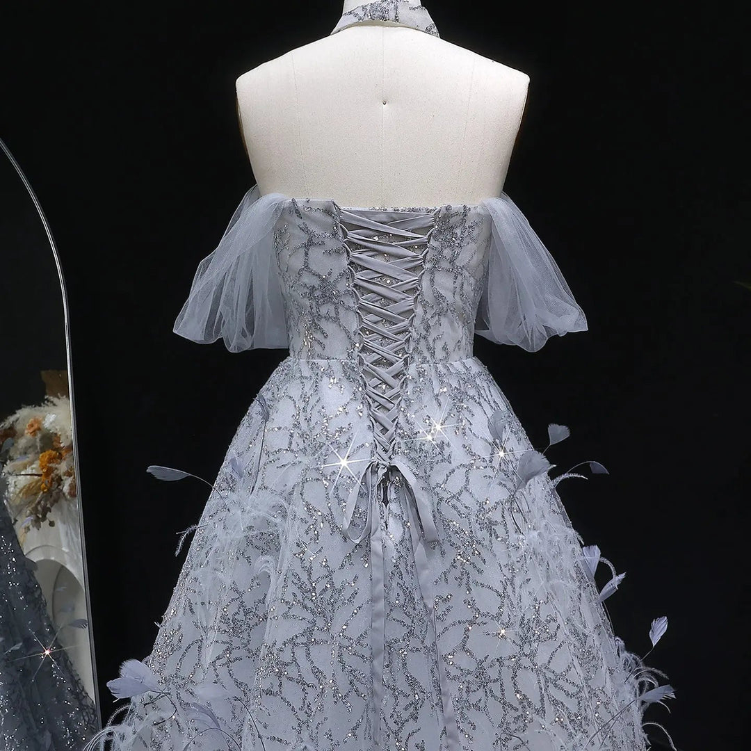 Luxury Silver Sequin Feather Off Shoulder Prom Dress with Choker SS738